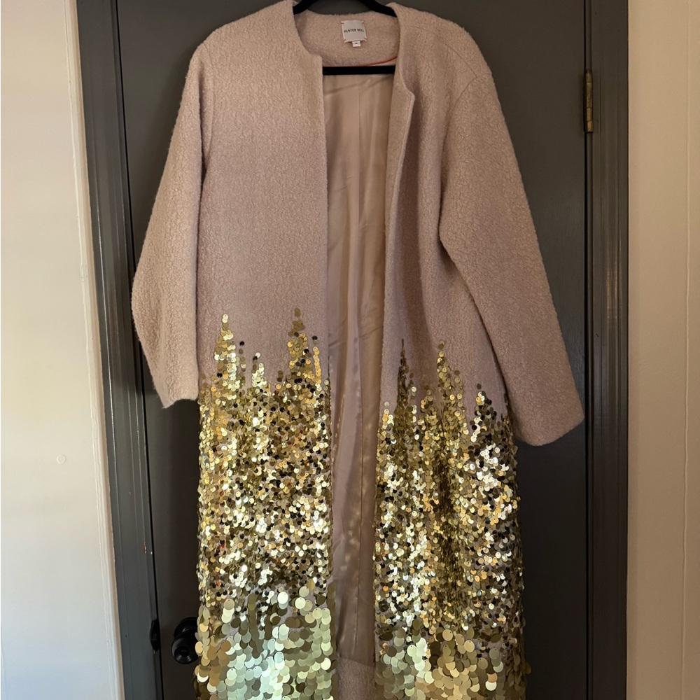 HUNTER BELL Cream and Gold Sequin Trench Coat